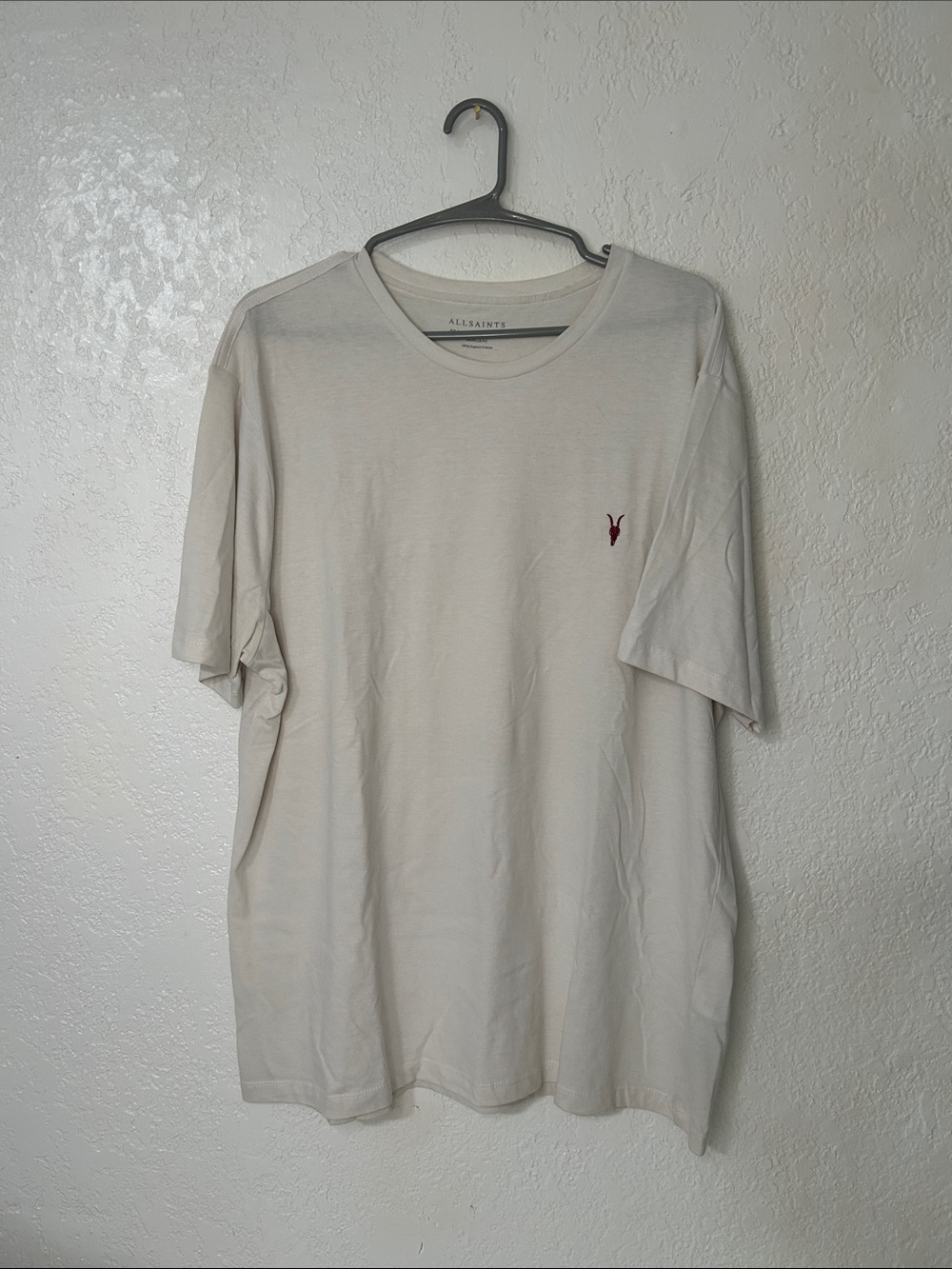 All Saints Men's Ivory Short-Sleeve Crewneck Tee with Red Logo